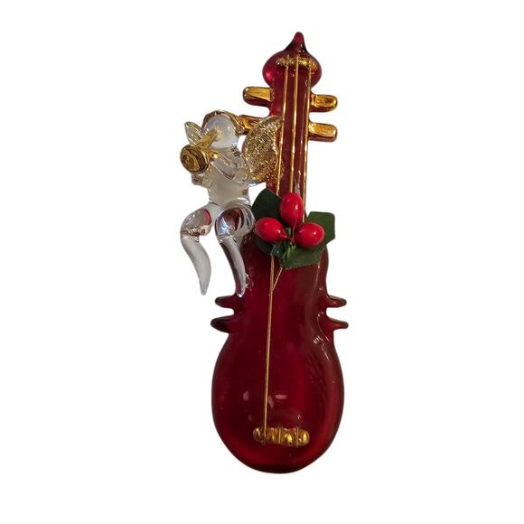 Vintage Glass Art Christmas Tree Ornament Violin w/ Cherub Rare - Picture 1 of 5
